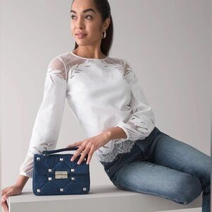 NWT White House Black Market White Lace Inset Poplin Blouse Size 4